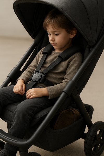 Close-up of sturdy stroller frame and padded seat with an older child buckled in.