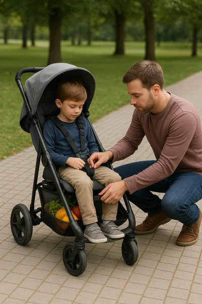 Adult testing stroller harness and brakes with a large child and filled basket outdoors.