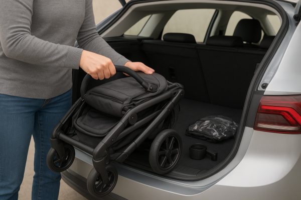 Parent folding a heavy-duty stroller for a large child, trunk with organized accessories.