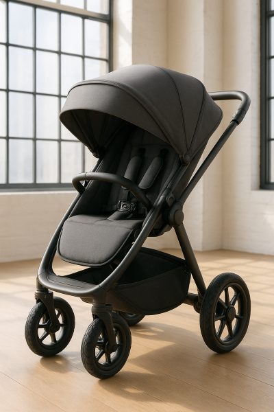 Ultra-modern stroller with oversized canopy and advanced wheels in a bright, stylish loft.