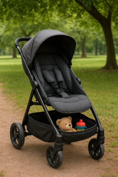Ergonomic stroller in a peaceful park, with reclined seat, plush harness, and basket holding a toy and cup.