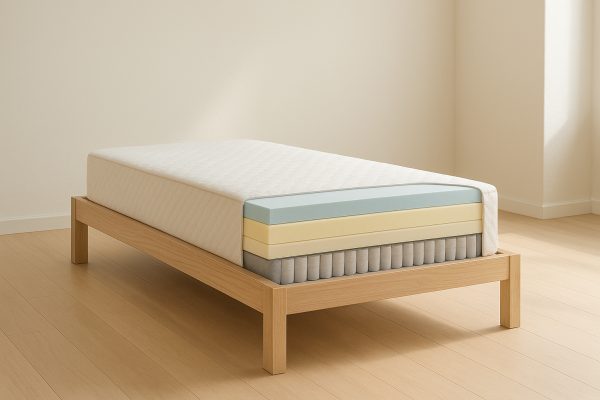 Cutaway of a twin mattress showing colored foam layers and support system, on a wooden platform in a bright, uncluttered bedroom.