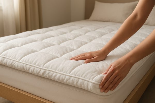 Close-up of hands smoothing a plush, thick mattress topper onto a twin bed, highlighting comfort and texture.