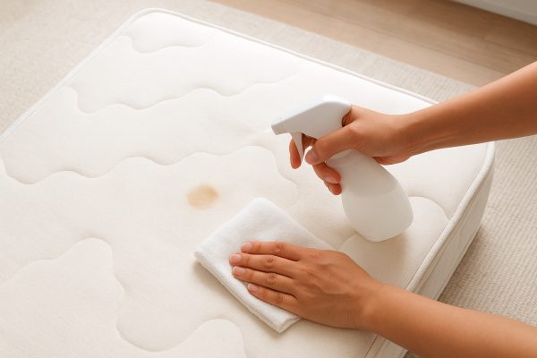 Hand spot-cleaning a stain on a partially unzipped polyester mattress cover, with towel and spray bottle in a tidy bedroom.