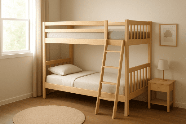 A twin mattress under $100 on a bunk bed in a tidy, sunlit small room with guardrails and playful accents.