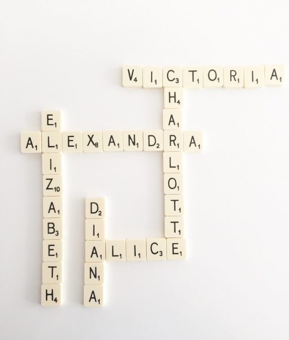 Baby names - There are scrabble tiles with names spelled on it. Spin on easy to say names so your kids will not have a hard time growing up.