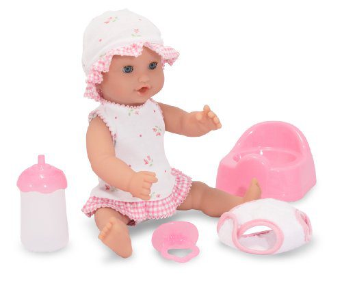 First baby dolls should be soft and simple, providing a safe and engaging play experience for your little one. The picture is featuring a cute doll. It has accessories like dress, baby bottle, poopy training chair, baby pacifier, and a baby diaper. This cute toy is one of the best baby toy that you can give to your kid. 