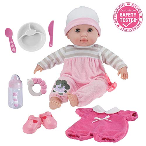 Melissa & Doug Brianna 12-Inch Baby Doll Safety Tested. This an baby doll toy that has a set of accessories like cuttleries and plate, bottle, teether, shoes, and dress.