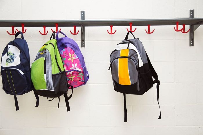 Three backpacks hanging on a metal rack with three red hooks. The backpacks are all different colors and sizes. For backpack on the left is blue and gray, and it has a Nike logo on the front. For backpack in the middle is black and gray, and it has a Jansport logo on the front. For backpack on the right is pink and purple, and it has a heart-shaped emblem on the front. Medical school backpack.