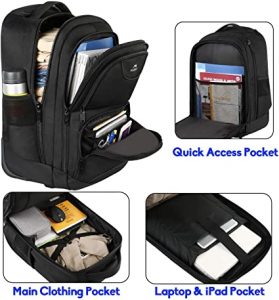 Backpack: Black multifunctional backpack with designated compartments for clothing, laptop, iPad, and a quick access pocket, ideal for nursing students' organization needs.