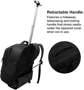Rolling Knapsack: Black rolling knapsack with a retractable handle.