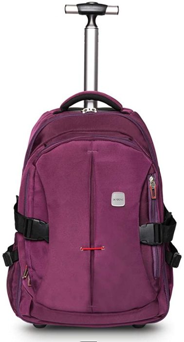 Designed to conveniently keep the clothes clean by allowing the back cushion to be turned down. wheeled bag in purple color
