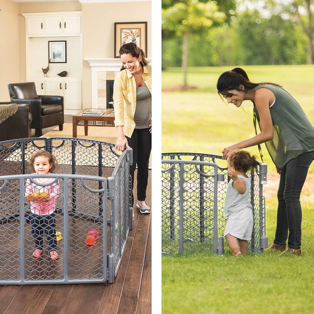 This playards provides a spacious place. These kids are enjoying their toys inside it.