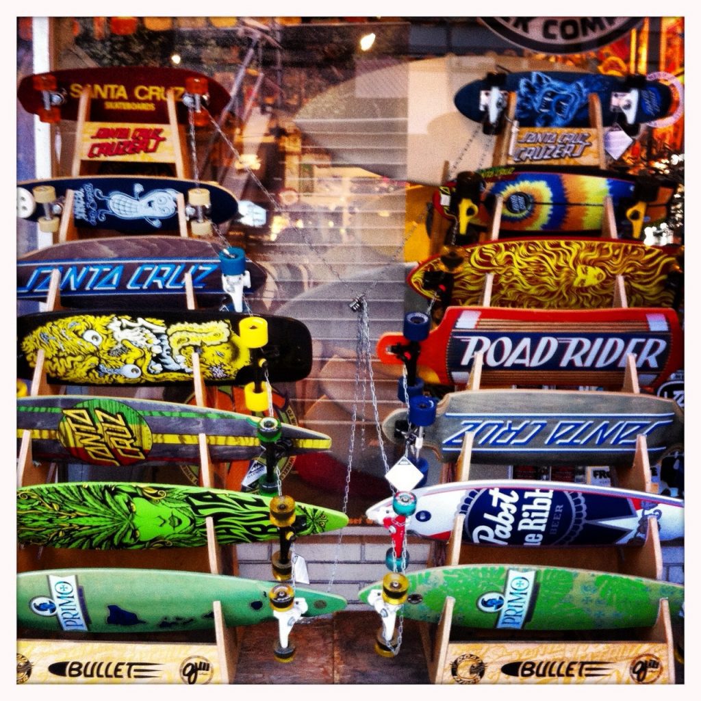 Top choices of skateboards with different designs and colors are arranged in a room. 