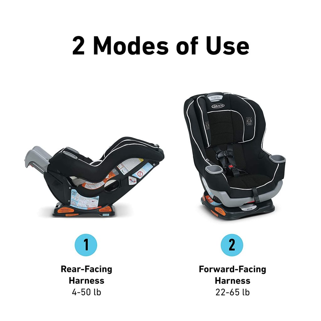 Car seat modes of use: rear facing and forward facing