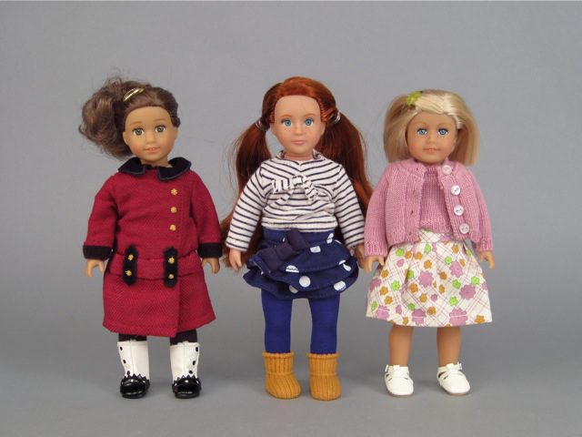 Baby doll in red, baby doll in stripes and baby doll in pink.