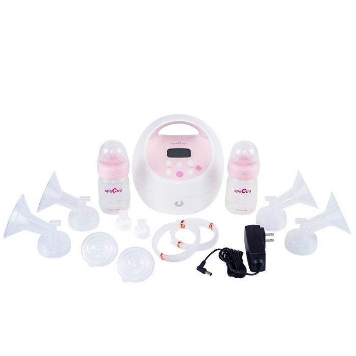 A pink Spectra breast pump set with accessories ready to used by a mom for pumping breast milk. 
