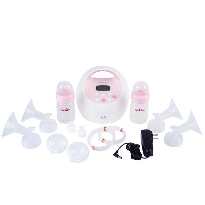 A pink Spectra breast pump set with accessories ready to used by a mom for pumping breast milk.