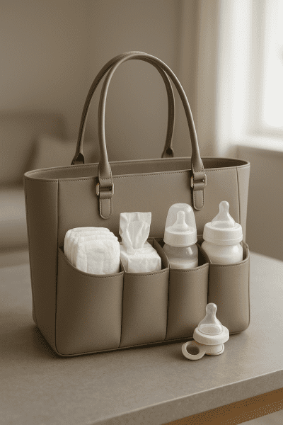 A taupe vegan leather tote for moms, neatly organized with baby gear, on a stone tabletop.
