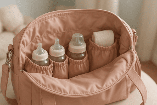 Close-up of a blush nylon diaper bag interior with organized pockets, bottle holders, and a padded strap.