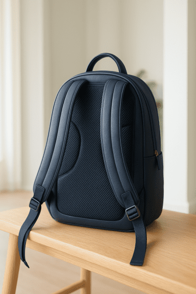 Navy vegan leather mom backpack with padded straps and ergonomic back panel on an oak bench.