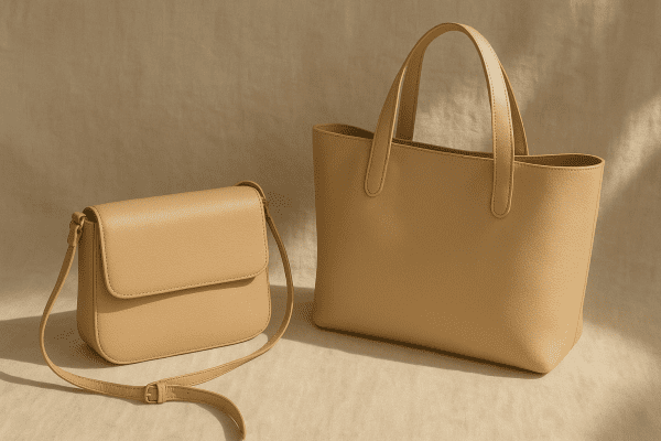 A crossbody purse and tote bag in neutral tones side by side on smooth linen.