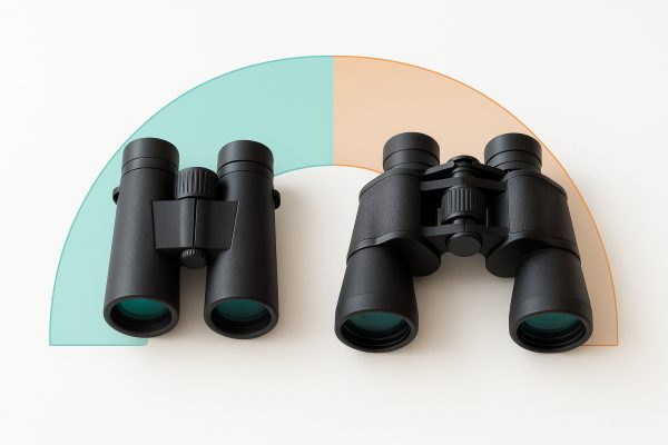 Overhead view of two affordable binoculars, one roof and one porro prism, on a white table with field of view arcs illustrated.