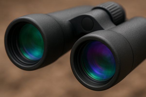 Macro of affordable binocular lenses, highlighting green and violet coating reflections and flawless glass.