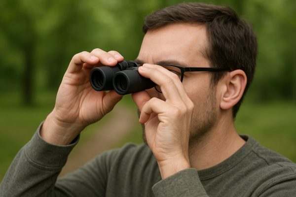 Person with glasses adjusts binocular eyecups outdoors, clearly showing ergonomic eyepiece design.