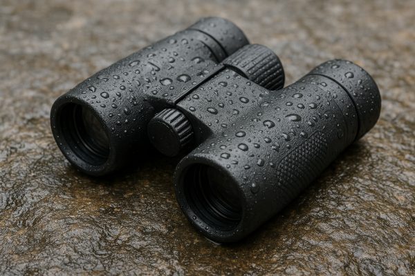Close-up of budget binocular on wet stone, showing rubber armor and water droplets outdoors.