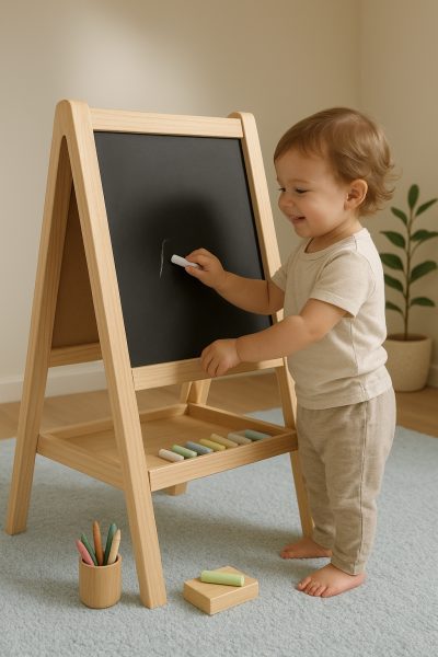 A toddler draws on a safe, premium chalkboard easel with rounded edges in a bright playroom.