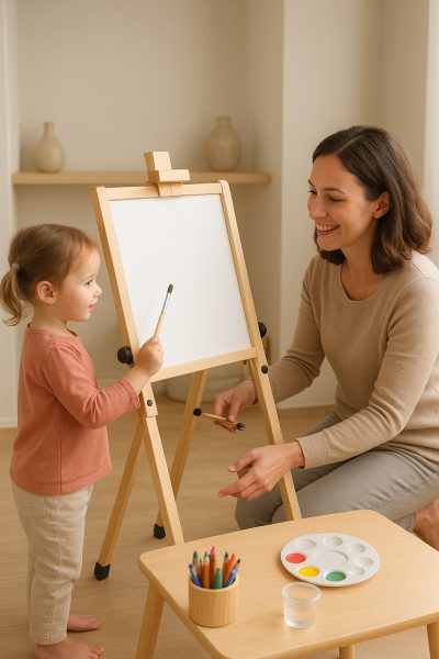 A parent adjusts a toddler easel's height as a child holds a paintbrush in a tidy art nook.