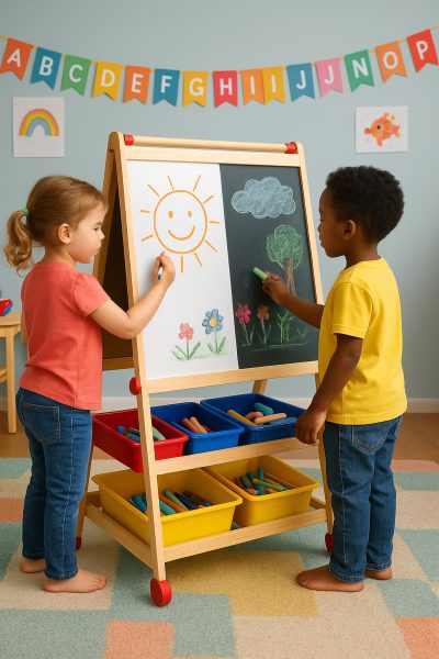 Two children use a double-sided toddler easel for drawing in a colorful, educational play area.