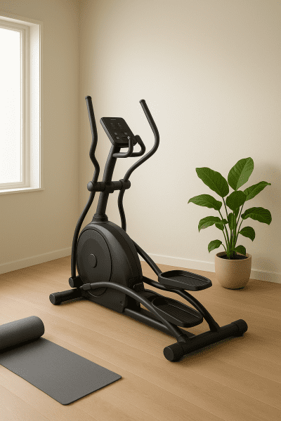 A compact, sleek elliptical machine in a bright home gym with pale wood floors and a leafy plant.