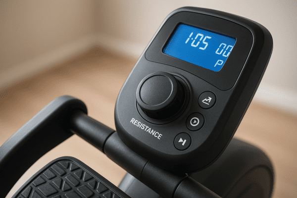 Macro view of elliptical resistance knob, display, and pedal arm, showing tactile features.