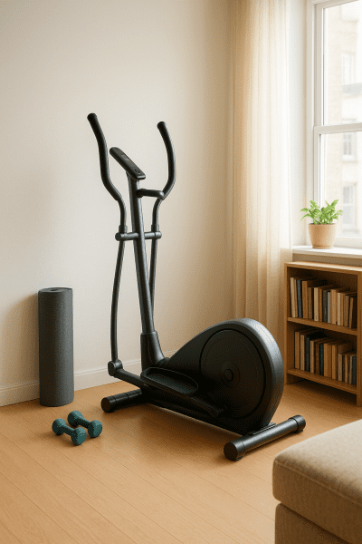Side view of a slim elliptical in a tidy, sunlit apartment living room with fitness gear.