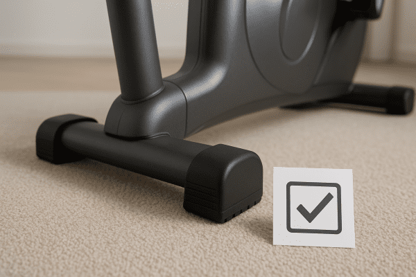 Close-up of elliptical base with anti-slip feet and generic warranty card in clean gym.