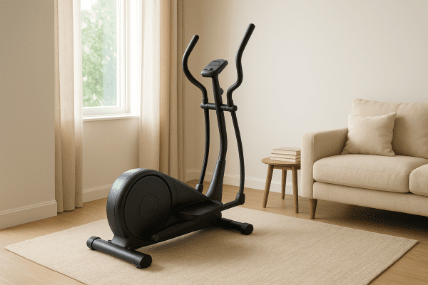 A compact elliptical tucked beside a window in a cozy apartment living room.