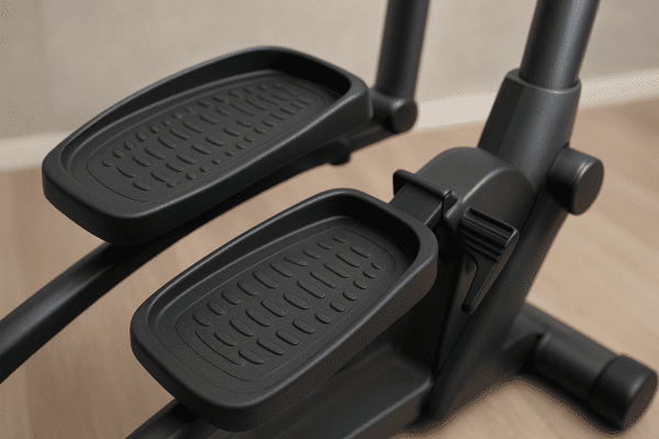 Close-up of ergonomic foot pedals with grip and adjustable stride on a budget elliptical.