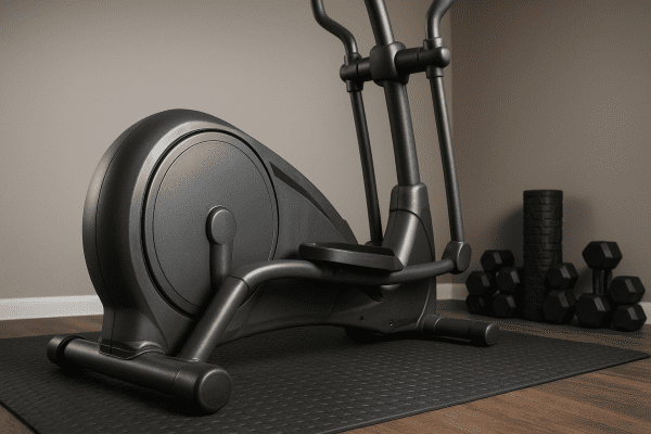 Low angle view of a sturdy elliptical with reinforced frame on a gym mat.