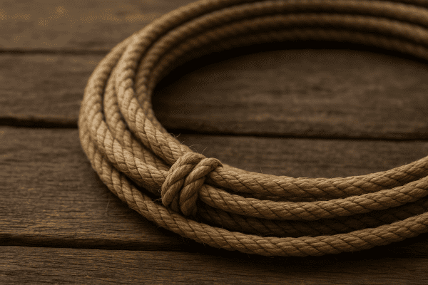 Macro view of a lasso rope showing intricate braiding and honda knot on rustic barnwood.