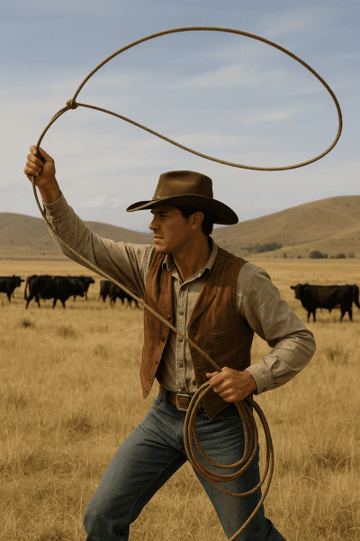 Cowboy swinging a lasso on open rangeland with cattle in the background.