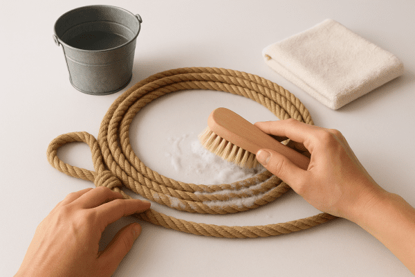 Hands cleaning a lasso rope with brush and soap on an organized work table.
