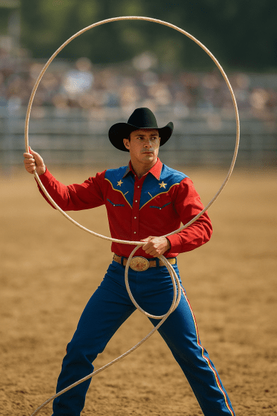 Trick roper spinning a vertical lariat loop in a sunlit rodeo arena.