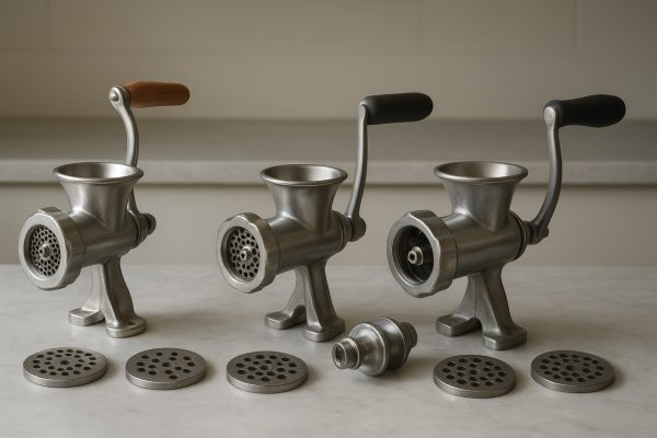 Manual meat grinders with various plates and handles displayed on a marble countertop under soft morning light.