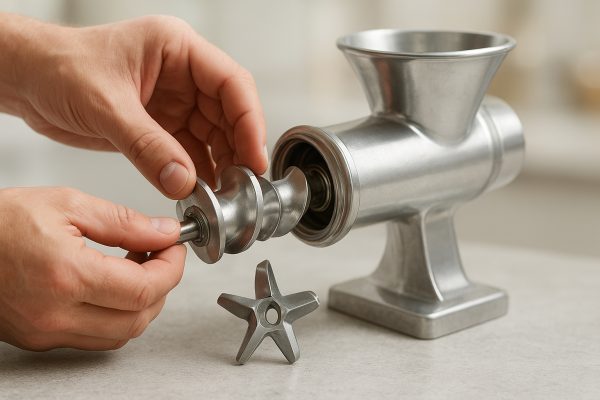 Hands aligning the auger and blade of a manual meat grinder on a stone worktop, with metallic parts in sharp focus.