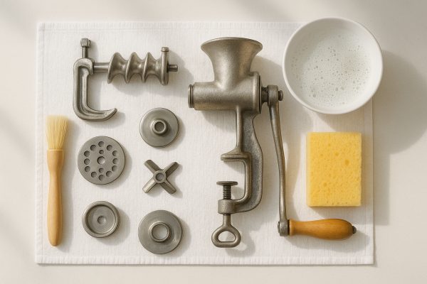 Disassembled grinder parts on a towel with cleaning tools and soapy water in a sunlit, spotless kitchen.