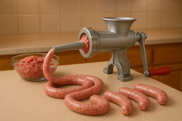Manual meat grinder with tube attachment filling sausage casings on a clean kitchen counter with ground meat and sausages visible.