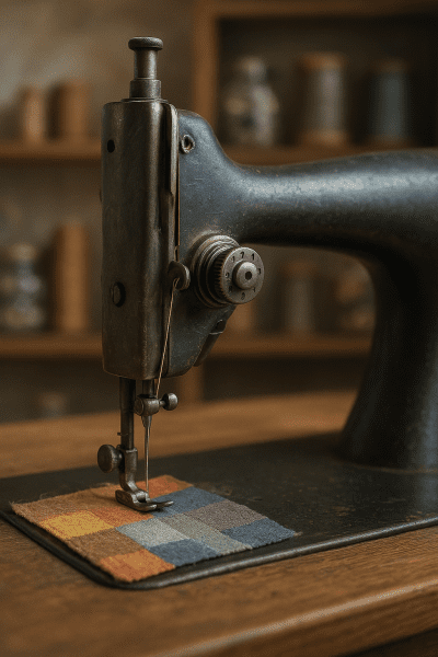 Vintage sewing machine close-up showing needle in motion with colorful fabric and exposed gears, set in a sunlit studio.