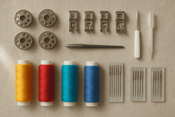 Flat lay of sewing machine accessories bobbins, presser feet, needles, thread, and tools on linen fabric with soft side lighting.